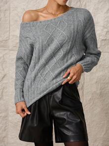 Modelyn Women's Asymmetrical Shoulder Sweater With Tie Neck - Grey - View 8