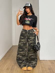 SHEIN PETITE Women's Camouflage Pattern Elastic Waistband Jeans, Winter Party Streetwear Jeans - Army Green - View 2