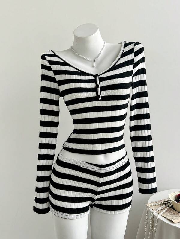 Comfortcana Women's Contrast Color Striped Long Sleeve Top And Shorts 2 Pieces Set