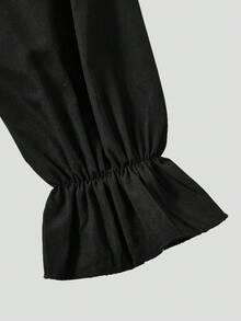 少女优雅黑色中长连衣裙，方领泡泡袖，蝴蝶结腰部褶皱连衣裙，适合家庭聚会、派对和日常穿着 - 黑色 - 查看 7