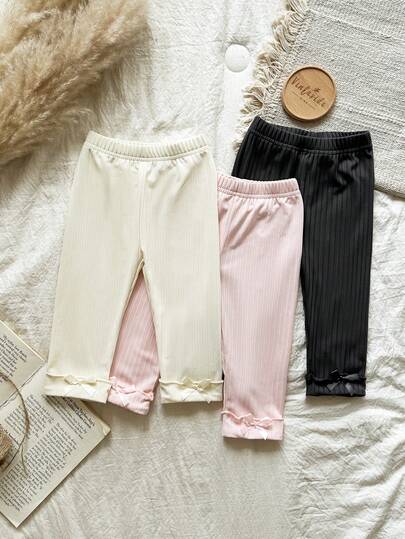Vintaside Kids 3pcs Baby Girls Casual Ribbed Texture Grey, Apricot, Pink Pants With Bow Decor, Suitable For Everyday Wear, Outdoor And Indoor, Fit For Autumn/Winter