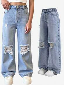 SHEIN Quần jeans denim rách ống đứng đơn giản, rộng rãi, giặt sạch dành cho bé gái tuổi teen + Quần denim cạp chun cơ bản + Quần denim rách màu xanh nhạt, phù hợp với mọi mùa, chất liệu vải thoải mái - Rửa nhẹ - Xem 3