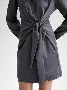 SHEIN ChicEase Women's Long Sleeve Pleated Tie-Waist Split Hem Shirt Dress, Autumn/Winter - Grey - View 5