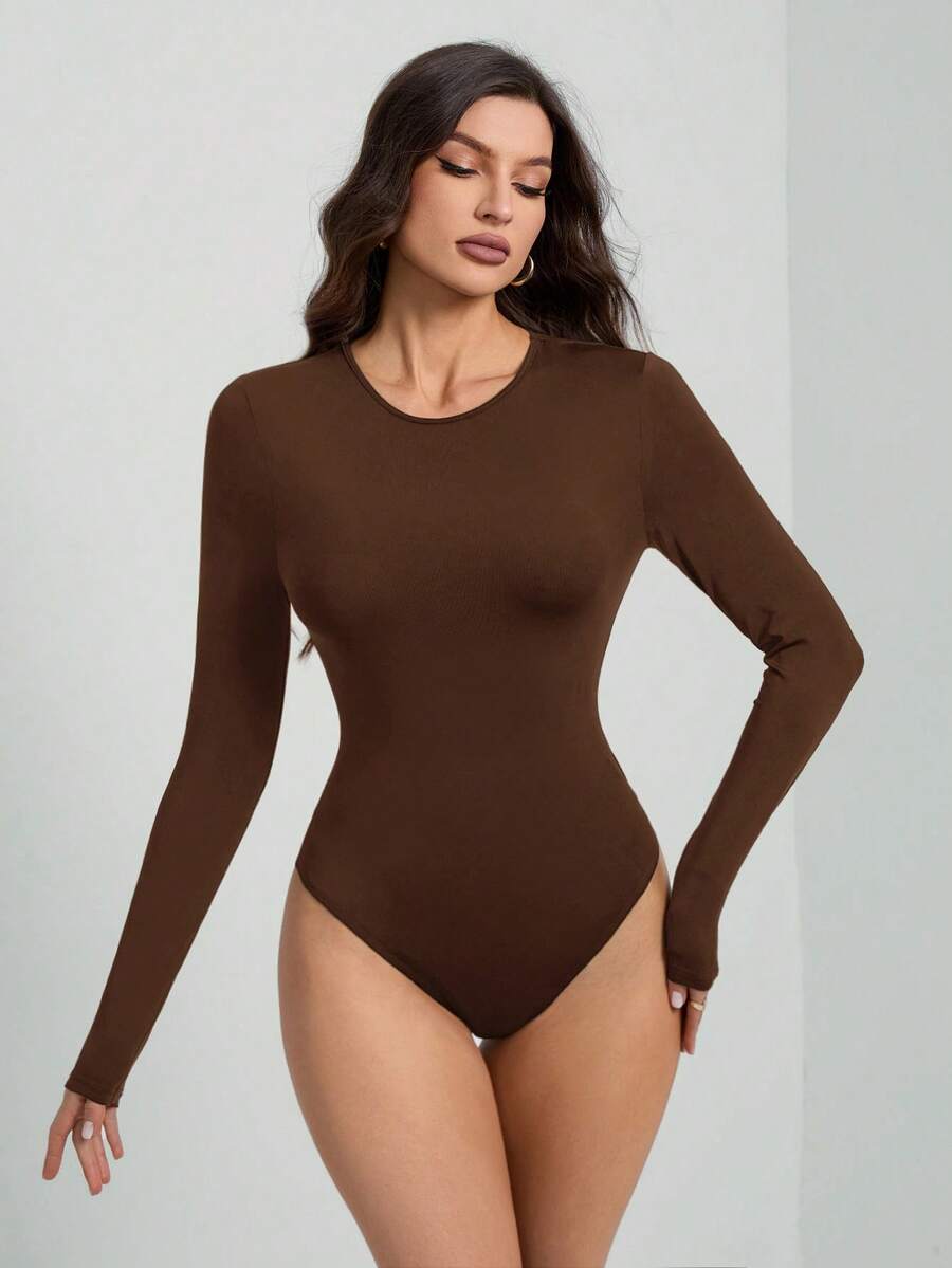 SHEIN Tall 纯色长袖修身黑色T恤连体衣 - 棕色 - 查看 1