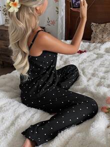 SHEIN HautHeat 女士针织心形印花吊带背心和短裤睡衣套装，性感，适合外穿，四季皆宜 - 黑色 - 查看 6