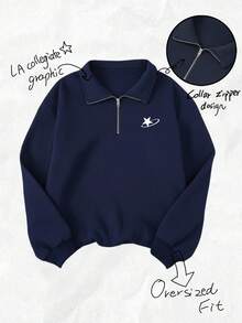 SHEIN Teen Girl Casual Navy Half-Zip Star Print Sweatshirt, Comfortable And Sporty, Suitable For Autumn/Winter Wear, Outdoor Picnic, Street Photography, Campus Use, Ins Style, Cute And Versatile, Suitable For School, Shopping, Sports And Other Occasions