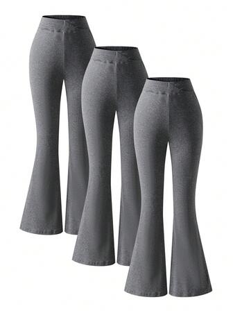 3pcs Teen Girls Black Casual Sports Comfortable Fashion Pants Set, Personalized Waistband Design, Flare Leg Cut, Suitable For Indoor/Outdoor, Party, Sports, Travel, School, Commute, All Occasions, Spring/Autumn/Winter