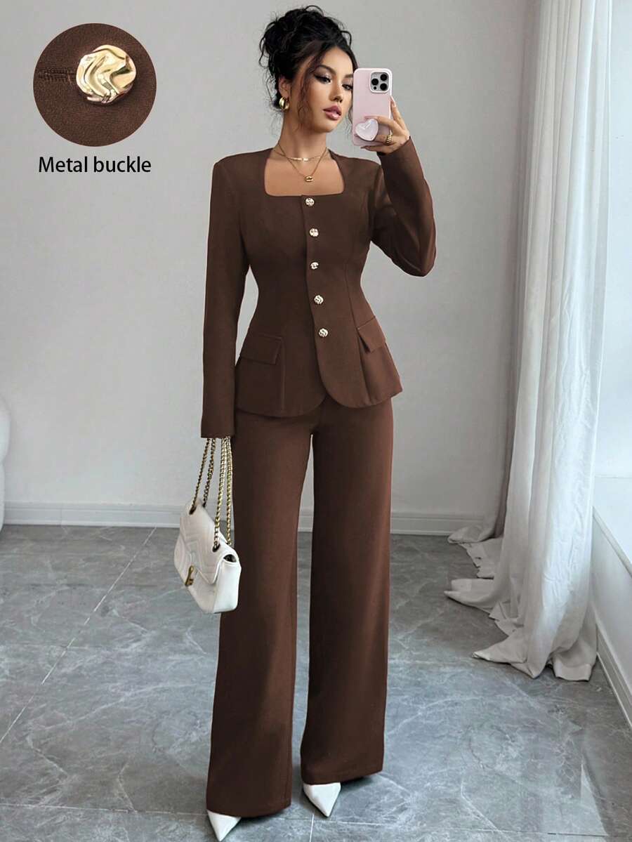 Elenzga 2pcs Women's Suit Fabric Trapezoid Collar Front Metal Button Waist A-Line Hem Slit Pockets Long Sleeve Shirt + Straight Pants Solid Color Elegant Office Commute Streetwear Autumn Winter Fashion Versatile Business Casual Thanksgiving Afternoon Tea Party Back To School - Coffee Brown - View 1