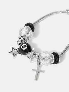 Y2Kool 1 件 8 球台球吊饰可调节手链、1 件星形和十字吊饰手链、1 件豹纹和极简主义吊饰手链、可调节情侣手链 - 銀色 - 查看 4