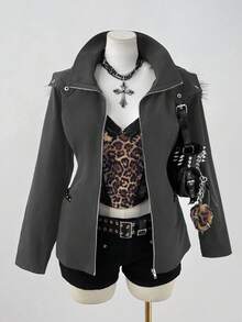 Sunspun 大码秋冬翻领连帽仿皮草前开金属拉链真口袋长袖铆钉优雅复古可爱朋克休闲夹克外套 - 深灰色 - 查看 6