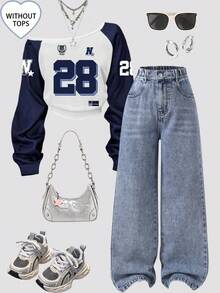 Elladie kids 青少年女孩 Y2K 风格宽松直筒牛仔裤，复古中蓝色牛仔布，柔软舒适的面料，适合上学、通勤、日常穿着、时尚百搭，春夏秋冬