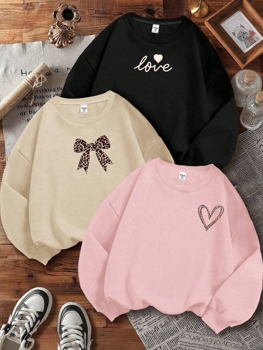 SHEIN Leap Crew 三件套复古奶油色、米白色、黑色豹纹爱心、豹纹蝴蝶结、字母图案少女休闲宽松圆领长袖卫衣,适合秋冬季穿着。 - 彩色 - 查看 1