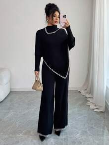 SHEIN Elenzya 女士秋冬长款斗篷、宽松拼色毛衣和阔腿裤两件套 - 黑色 - 查看 1