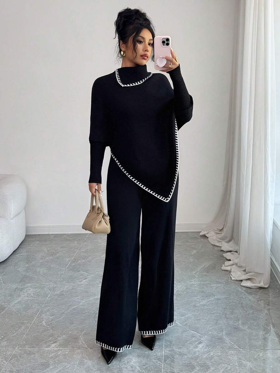 SHEIN Elenzya 女士秋冬长款斗篷、宽松拼色毛衣和阔腿裤两件套 - 黑色 - 查看 1