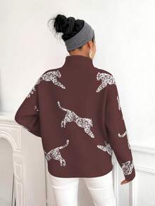 SHEIN Clasi Women's Fashionable Animal Pattern Stand Collar Sweater, Autumn/Winter - Coffee Brown - View 2
