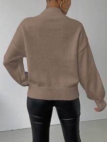 SHEIN LUNE 女式纹理落肩长袖休闲宽松针织毛衣，秋冬 - 棕色 - 查看 2