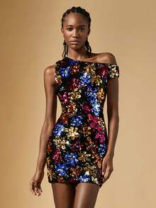 Briarwyn 女式亮片拼布不对称领口短袖连衣裙