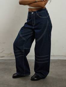 COUREZ 低腰中筒阔腿机车牛仔裤，撞色缝线细节 / Y2K 秋冬女装 秋冬女装 休闲下装 阔腿裤 外出穿搭 低腰牛仔裤 外出下装 - 深色水洗藍 - 查看 5