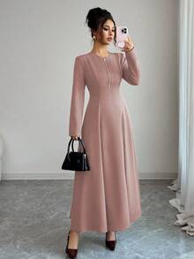 Elenzga Women's Elegant Coffee Brown Round Neck Front Zipper High-End Design Waist Fitted Flared Long Sleeve Midi Dress, Suitable For Commuting In Autumn - Dusty Pink - View 4