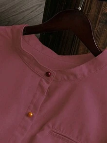 SHEIN LUNE Stand Collar Buttoned Placket Colorful Buttons Cat & Bow Graphic With Sleeve Tab Curved Hem Shirt Fall Cloth For Women - Rusty Rose - View 3