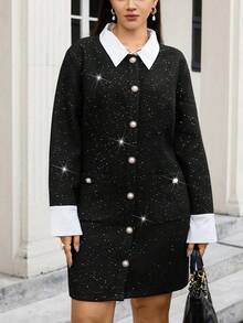 SHEIN LUNE Plus Size Elegant Black And White Contrast Dress,Autumn Office Long Sleeve Tweed Blazer Dress,Pearl-Embellished Sequin Shiny Fashion Dress For Women - Black - View 6