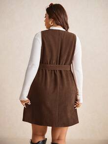 Elaquor Autumn Casual College Style Corduroy Fabric Removable Waistband Pockets Vintage Dress Plus Size Women Overall Brown Fall Dress,Winter Clothes - Chocolate Brown - View 2