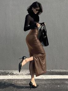 DAZY 女士PU紧身开衩半身裙 冬季女裙 皮裙 - 卡其色 - 查看 4