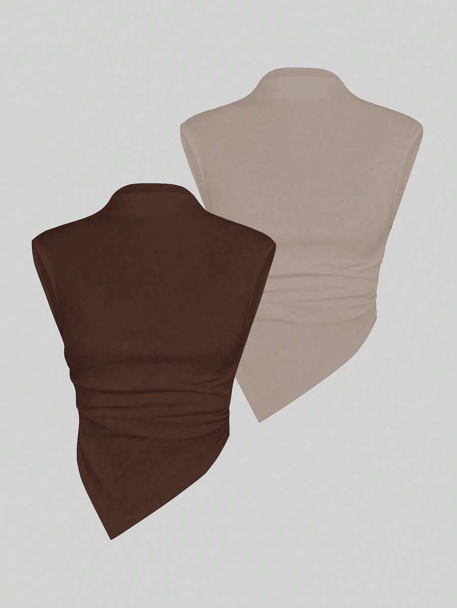 Sweetra Bộ 2 áo hai dây màu trơn đơn giản, thoải mái khi đi làm, mùa hè dành cho nữ, cổ nhún, viền bất đối xứng - Nhiều màu - Xem 1