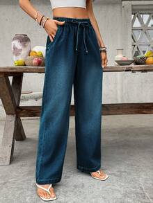 SHEIN Holidaya Women's Casual Everyday Commute Versatile Drawstring Waist Dark Blue Washed Loose Straight Leg Jeans - Dusty Blue - View 5