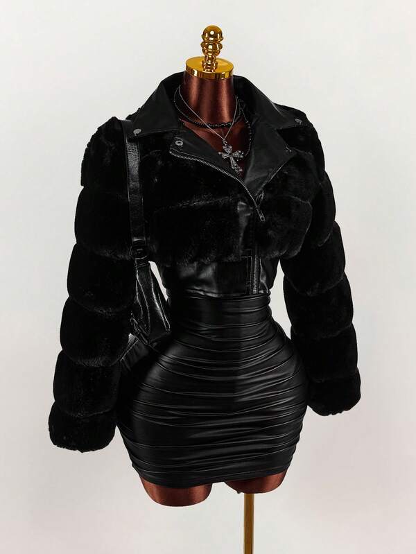 Amplova Chaqueta de manga larga de piel sintética de unicolor y minimalista para mujer, para uso diario