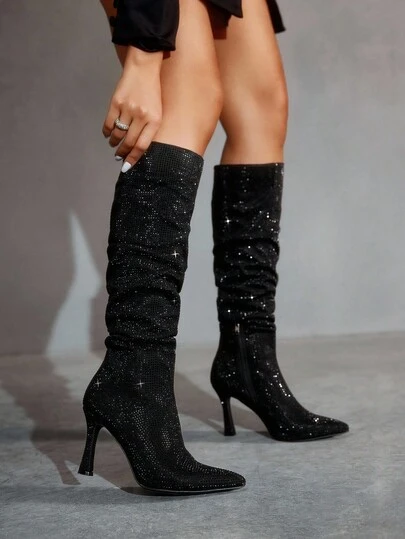 CUCCOO SZL Botas altas hasta la rodilla con puntera puntiaguda, adornadas con rhinestones y diseño arrugado, sexy y de tacón alto, adecuadas para discotecas, fiestas y reuniones