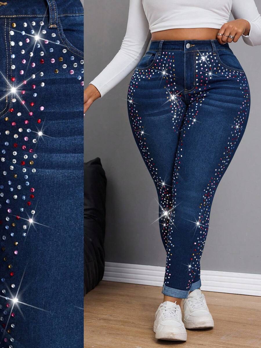 Slaydiva Quần jean bó sát đính đá thời trang cỡ lớn Quần jean lấp lánh Quần jean Diamante Quần jean cạp cao Quần jean đính đá Quần jean pha lê Quần jean denim và kim cương dành cho nữ Quần jean cạp cao đính đá lấp lánh - Rửa tối - Xem 1