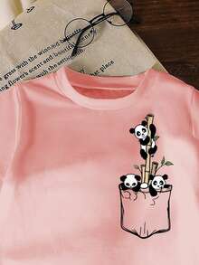 Conjunto de 2 piezas de top de manga corta y pantalones con estampado de pandas para niña joven - Rosa - Ver 4