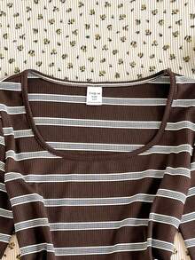 SHEIN 少女条纹罗纹撞色二合一纽扣腰褶皱针织弹力长袖圆领T恤，休闲居家，返校季 - 彩色 - 查看 3