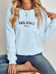 SHEIN EZwear 休闲简约米兰印花图案浅蓝色圆领宽松长袖女式卫衣，适合秋冬季穿着。 - 淺藍色 - 查看 4