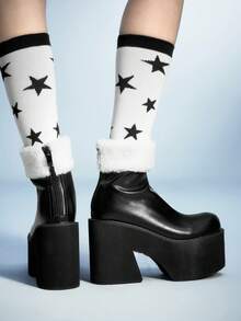 Women's Fashion Back Zipper Thick Sole Elastic Faux Fur Collar Ankle Boots - Black and White - View 2