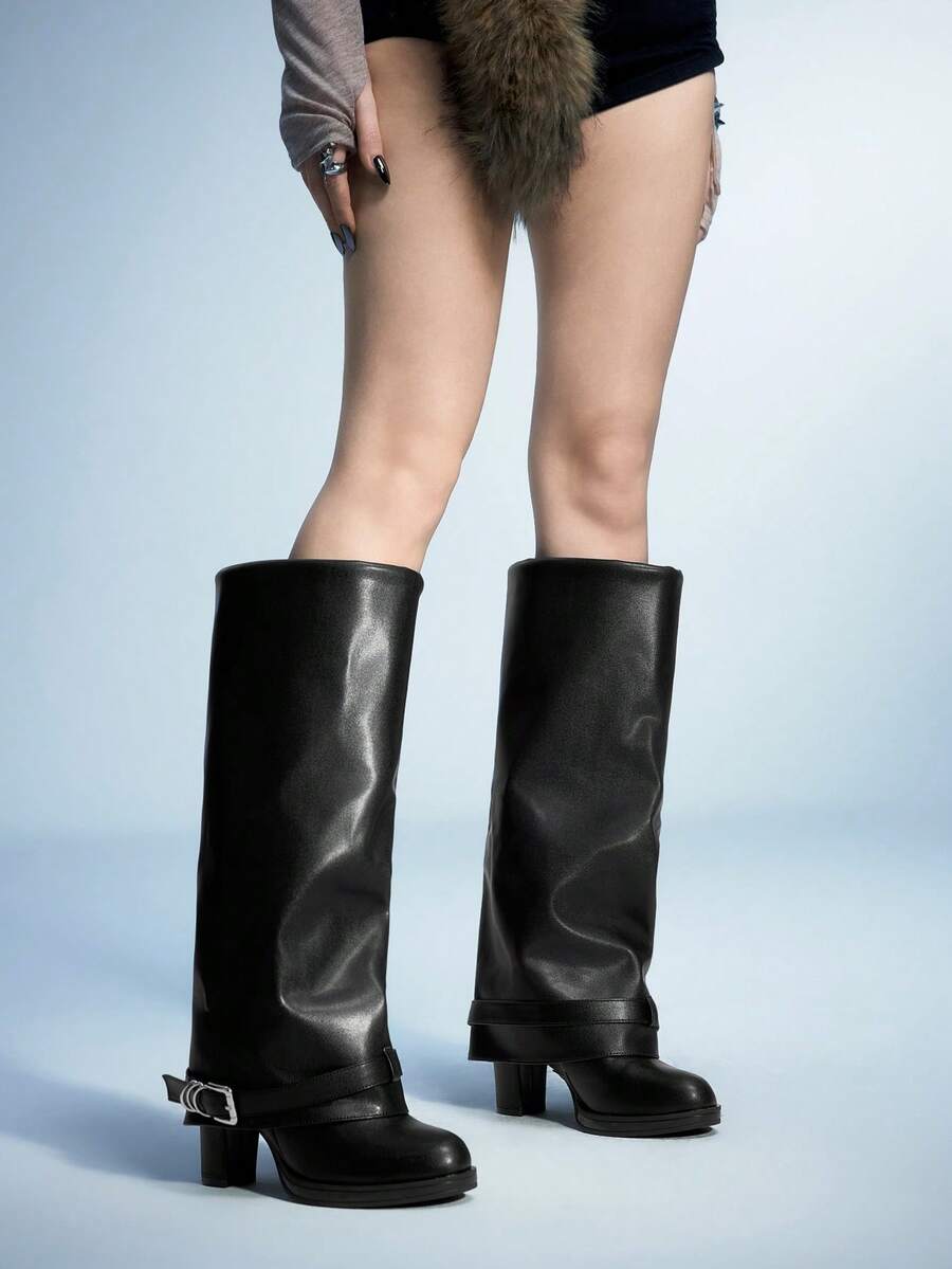 Sugerpunk Women's Buckle Decor Round Toe Chunky Heel Faux Platform Knee-High Boots - Black - View 1