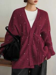 Dazy-Less Áo khoác cardigan len kim sa lấp lánh, rộng rãi, thoải mái cho nữ, có dây rút ở eo, thích hợp mặc đi làm, đi chơi, mặc ở nhà vào mùa thu/đông, Giáng sinh, năm mới - Màu Đỏ Sâu - Xem 1
