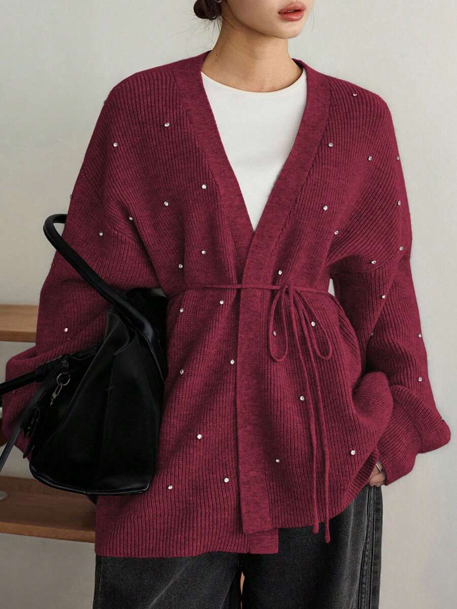 Dazy-Less Áo khoác cardigan len kim sa lấp lánh, rộng rãi, thoải mái cho nữ, có dây rút ở eo, thích hợp mặc đi làm, đi chơi, mặc ở nhà vào mùa thu/đông, Giáng sinh, năm mới - Màu Đỏ Sâu - Xem 1