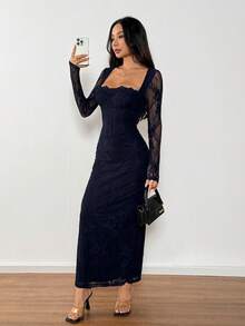 SHEIN PETITE Women's New Summer Party Date Evening Sexy S-Shaped Lace Long-Sleeved Breast Cup Fishbone Square Neck Tight Bodycon Black Maxi Dress,Wedding Guest Dress Women,Dresses For Women Elegant,New Year Dress ,Elegant Party Dresses - Navy Blue - View 4