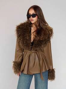 SHEIN ICON Women's Brown Faux Fur & Leather Patchwork Collar & Cuffs Shearling Long A-Line Windbreaker Coat, Commuting & Casual, Sexy, Autumn/Winter - Brown - View 6