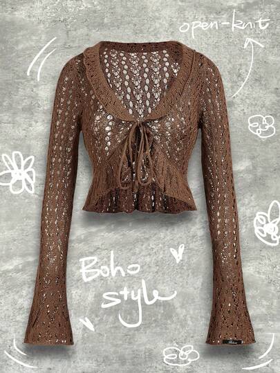 Y2Kool BiGraphic Women's V-Neck Ruffle Trim Cardigan Sweater Brown Lace Top Brown Crochet Top Brown Long Sleeve Top Brown Knit Top Women Brown Top Winter Casual