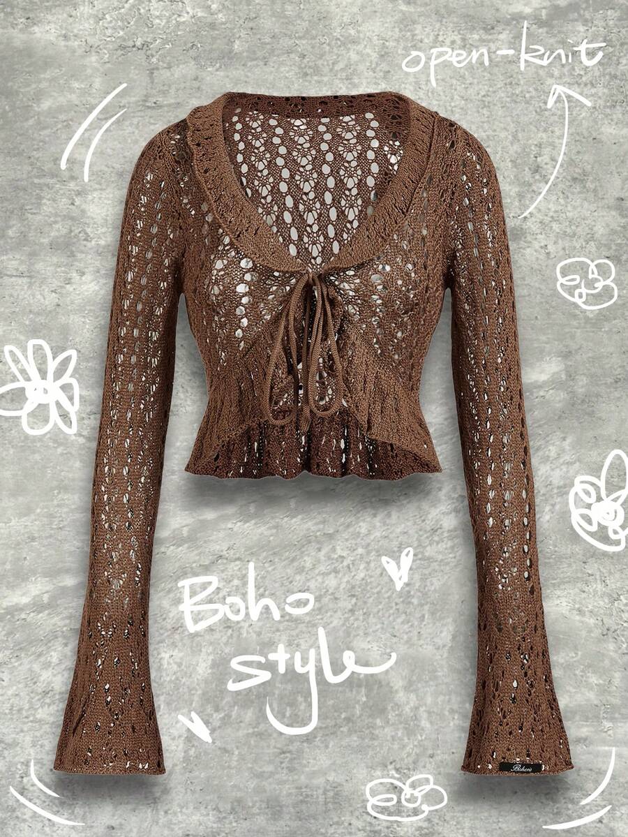 Y2Kool BiGraphic Suéter de mujer con cuello en V y ribete de volantes, blusa de encaje marrón, blusa de ganchillo marrón, blusa de manga larga marrón, blusa de punto marrón, blusa marrón de mujer para el invierno de uso casual