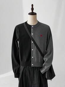 Manfinity BRENVOR 男士撞色纽扣开襟休闲开衫毛衣，长袖上衣 - 黑色 - 查看 3