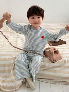 DAZY 2pcs Toddler Boys' Casual Striped Loose Fit Comfortable Round Neck T-Shirt And Relaxed Fit Pants Pajama Set - Baby Blue - View 1