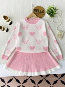 Girls Heart Pattern Crew Neck Sweater & Pleated Skirt 2-Piece Set, Fashion & Stylish, Autumn/Winter - Pink - View 1