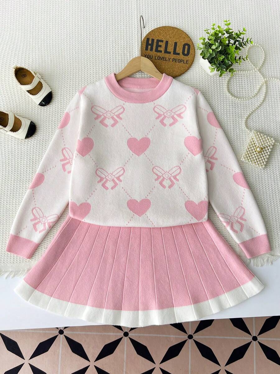 Girls Heart Pattern Crew Neck Sweater & Pleated Skirt 2-Piece Set, Fashion & Stylish, Autumn/Winter - Pink - View 1