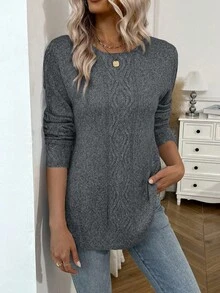 EMERY ROSE 优雅休闲女士圆领长袖毛衣 - 灰色 - 查看 5