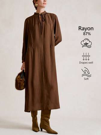 Aalyst Women's Solid Color Stand Collar V-Neck Tie-Up Loose Fit Split Hem Design Long Sleeve A-Line Maxi Dress, Elegant French Retro Street Style Minimalist Versatile Vintage Aussie Casual Home Wear, Suitable For Autumn/Winter, Halloween, Christmas, Thanksgiving