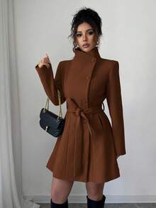 Selianne Elenzga 女士立领单排扣收腰中长款大衣 - 棕色 - 查看 3